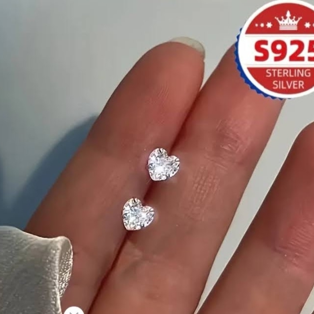 Sterling Silver Heart CZ Stud Earrings - White